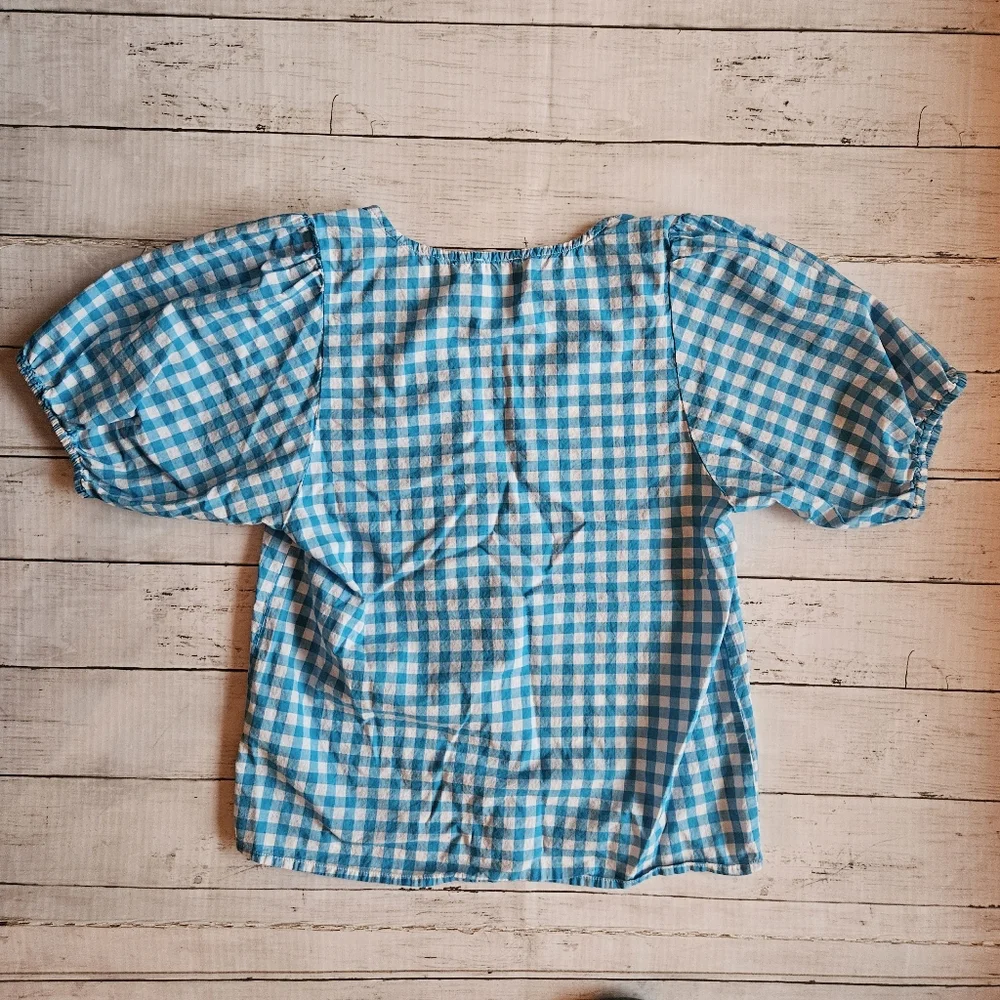 J Crew Blue And White Gingham Top With Puff Sleeves Size XXS